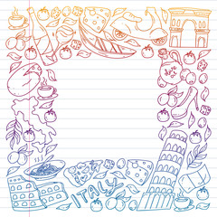 Italy vector elements and icons. Doodle pattern with italian culture, cities Roma, Venice, Milan, cheese, wine.