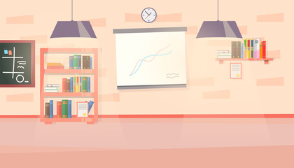 Illustration of business, modern office concept. Bookshelves, charts and a blackboard with notes in the office. Vector Illustration.
