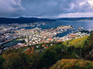 Fototapeta na wymiar Panoramic view on the Norway city Bergen streets and buildings at cloudy weather