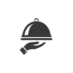 Fototapeta premium Dish cover or cap, tray server with hand serving,meal black isolated vector icon.