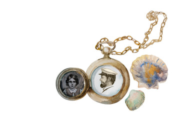 Retro watercolor double side opened locket with portraits of couple in style of end XIX century. Romantic concept of love memories. Brass medallion with shells, isolated on white background
