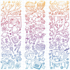 Back to school. Vector icons and elements for little children, college. Doodle style, kids drawing