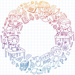 Back to school. Vector icons and elements for little children, college. Doodle style, kids drawing