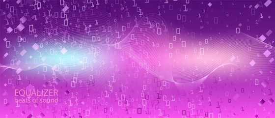 Wireless Tech Vector Background. Fractal Liquid Code Matrix Flying Binary Code. Purple Blue Pink Background. Punk Futuristic 