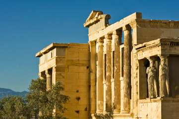ATHENS, GREECE – May 26, 2006 : Detail of the south porch of Erechtheion with the Caryatids. Parthenon on the Acropolis in Athens, Greece