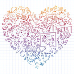 Back to school. Vector icons and elements for little children, college. Doodle style, kids drawing