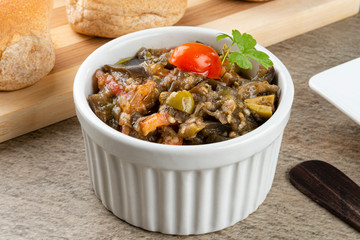 Toast bread with eggplant caviar. Fast appetizer concept.