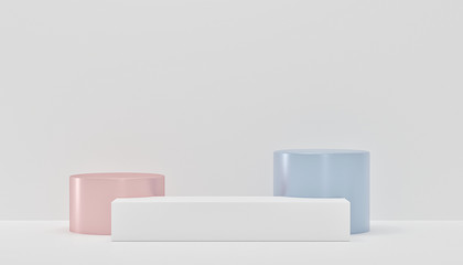 White Podium on the floor.Abstract Platforms for product presentation, mock up white background. pastel  colors, 3d rendered studio with geometric shapes.