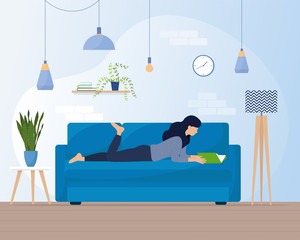 Woman lying on  on the sofa and reading book. Education Hobby Concept. Home concept. Reading time. Flat style vector illustration.