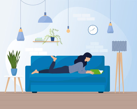 Woman lying on  on the sofa and reading book. Education Hobby Concept. Home concept. Reading time. Flat style vector illustration.