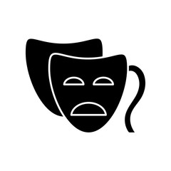 Drama black glyph icon. Serious film and TV production. Common movie genre, classic theater silhouette symbol on white space. Popular cinematography category. Tragedy mask vector isolated illustration