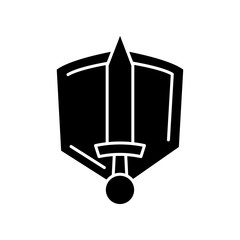 History epic black glyph icon. Common movie genre, filmmaking category silhouette symbol on white space. Medieval action adventure, fantasy fiction. Sword and shield vector isolated illustration