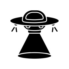Science fiction black glyph icon. Sci fi movies, popular futuristic fantasy films silhouette symbol on white space. Cinema category, space opera. Flying saucer, UFO vector isolated illustration