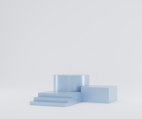 White Podium on the floor.Abstract Platforms for product presentation, mock up blue background. pastel  colors, 3d rendered studio with geometric shapes.