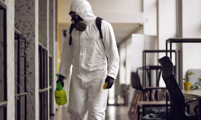 Cleaning and Disinfection at town complex amid the coronavirus epidemic. Professional teams for...