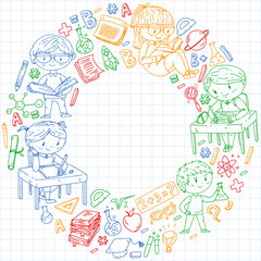 Back to school. Vector icons and elements for little children, college. Doodle style, kids drawing