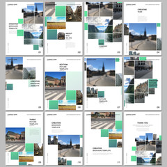 Fototapeta na wymiar A4 brochure layout of covers design templates for flyer leaflet, A4 format brochure design, report, magazine, book design. Geometric green color abstract background with photos, consisting of squares.