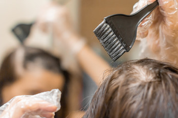 Closeup woman hands dyeing hair using a black brush. Colouring of white hair at home.