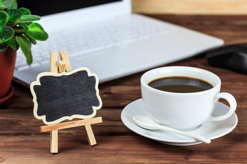 remote work, coffee break, computer, coffee, signboard for text, advertising space