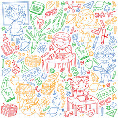 Back to school. Vector icons and elements for little children, college. Doodle style, kids drawing
