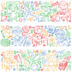 Back to school. Vector icons and elements for little children, college. Doodle style, kids drawing
