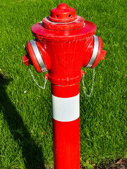 Red fire hydrant on grass background, Poland