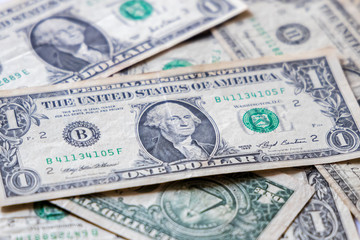 Closeup US 1 Dollar Currency Bank Notes. selective focus