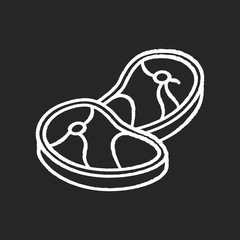 Meat chalk white icon on black background. Raw steak. Uncooked pork. Fresh ingredient for cooking. Chicken fillet. Animal food. Butchery, groceries. Isolated vector chalkboard illustration