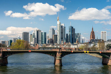 Frankfurt, Germany - March 31, 2020: frankfurt skyline view with ignas bubis bridge during daytime - obrazy, fototapety, plakaty