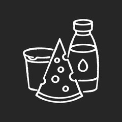 Dairy chalk white icon on black background. Cheese slice. Milk in glass bottle. Yogurt in plastic container. Healthy and nutritious eating. Lactose products. Isolated vector chalkboard illustration
