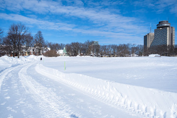 Fototapeta na wymiar Lot of snow in a parc in Quebec city, Canada