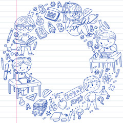 Back to school. Vector icons and elements for little children, college. Doodle style, kids drawing