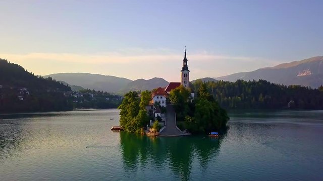 Aerial view of Lake Bled and Castle Bled in Slovenia. 