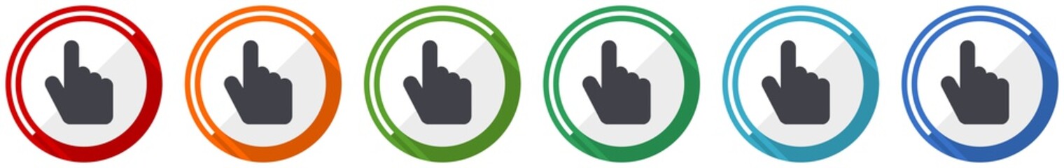 Obraz premium Cursor hand icon set, flat design vector illustration in 6 colors options for webdesign and mobile applications