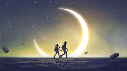 night scenery showing a brother and sister holding hands walking above the sky with the crescent in the starry night, digital art style, illustration painting © grandfailure