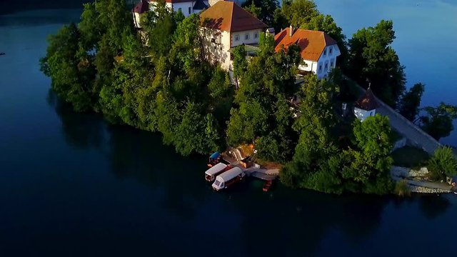 Aerial view of Lake Bled and Castle Bled in Slovenia. 