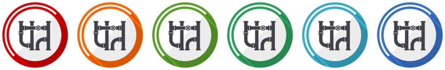 Pipeline icon set, tube, pipe and industrial flat design vector illustration in 6 colors options for webdesign and mobile applications