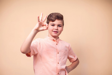 A portrait of kid boy showing okay gesture. Children and emotions concept