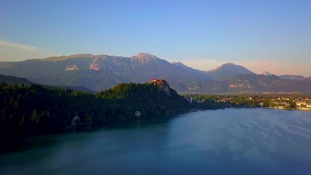 Aerial view of Lake Bled, Castle Bled and Julian Alps in Slovenia. 
