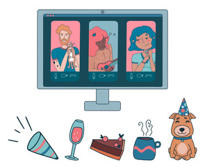 Online party or video conference with people working from home during coronavirus outbreak. Vector illustration with pets, pie, tea, wine and girl playing ukulele.