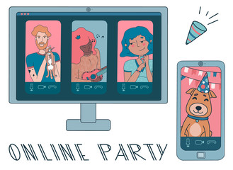 Fototapeta na wymiar Online party or video conference with people working from home during coronavirus outbreak. Vector illustration with pets, pie, tea, wine and girl playing ukulele.