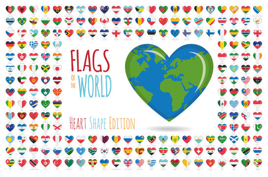 Set of 204 heart shaped flags of all the sovereing countries of the world. Icon set Vector Illustration.