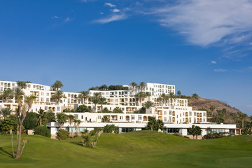 Fototapeta na wymiar Hotel Playitas Grand Resort Cala del Sol with golf course, Las Playitas, Fuerteventura, Canary Islands, Spain, Europe