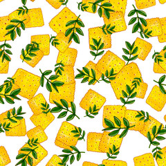 Hand drawn pattern with cute cookies and green basil. Marker / Watercolor illustration.