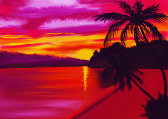 A red pink sunset on the beach with palms
