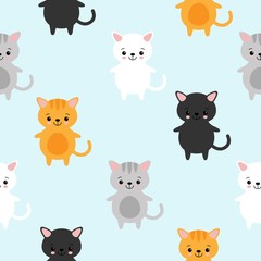 Obraz premium Funny cartoon cute red, orange, gray, white, black cats. Seamless pattern for children.