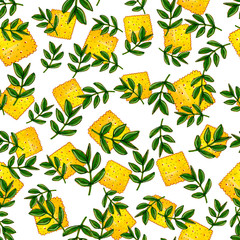 Lovely hand drawn seamless pattern with yellow cookies and green basil. Marker / Watercolor illustration.
