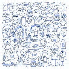 Vector icons and elements. Kindergarten, toys. Little children play, learn, grow together.