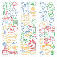 Vector icons and elements. Kindergarten, toys. Little children play, learn, grow together.