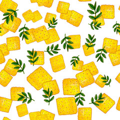 Cute hand drawn pattern with yellow cookies and green basil. Marker / Watercolor illustration.